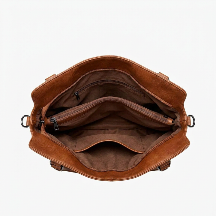 Sariel Tote Bag, Brown — open view showing the spacious interior with zippered pockets